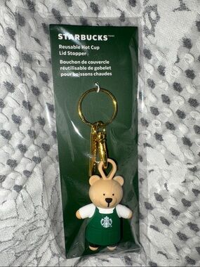 Starbucks Bear Keychain Lid Stopper - Tan & Green with Gold Hardware / holiday